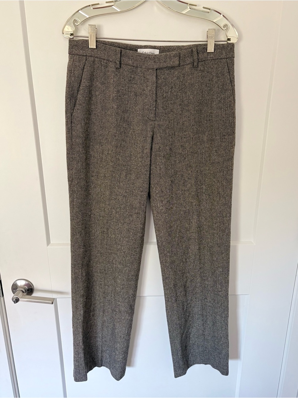 NWOT Calvin Klein Premium Brown Herringbone Wool Tweed Trousers - Size 6